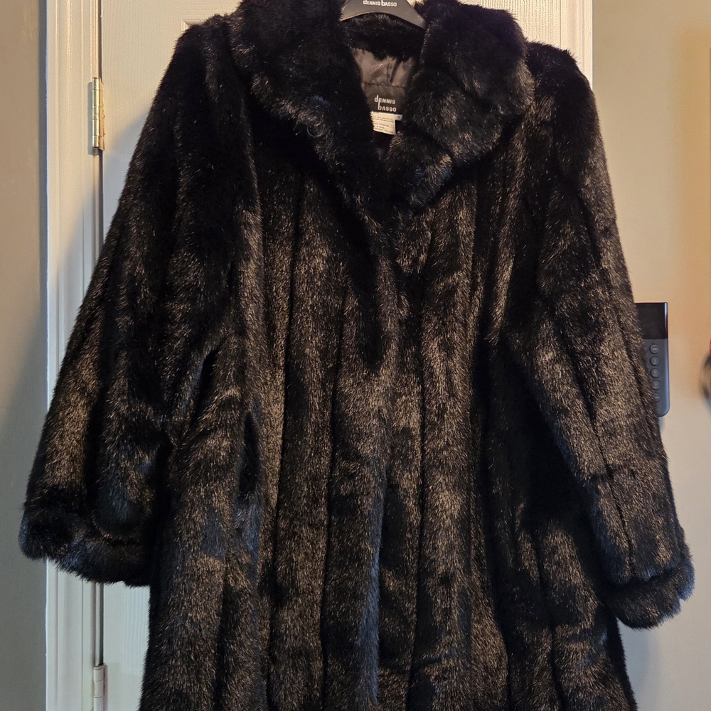 Dennis Basso women's mid-length black faux fur coat.